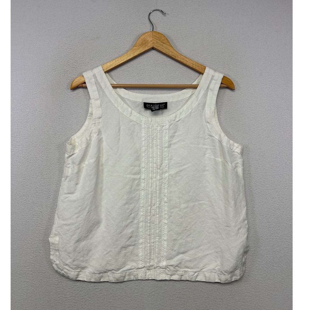 Coastal Cottagecore Dialogue Women M White Linen Blend Pintuck Lace Tank Top